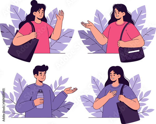 Four stylized people with tote bags and water bottle amidst stylized foliage.