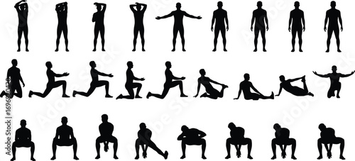 Black silhouette human figures in various standing, sitting, kneeling, squatting, stretching, and dynamic movement poses, body posture vector illustration set