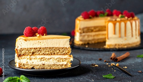 Delicious layered cake slice with raspberries and caramel topping indulgence