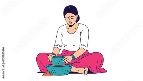 Traditional Grinding: A serene illustration captures a woman engrossed in the timeless act of grinding ingredients using a traditional stone grinder.