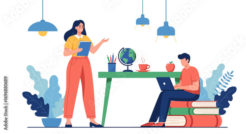 Illustrated teacher and student at desk with globe laptop and books.