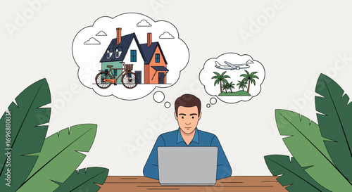 Man at Laptop Dreaming of Home with Bicycle and Tropical Island Getaway.