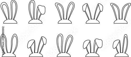 Easter bunny ear outline icon set. Black silhouette vector illustration isolated on transparent background, elements for easter decoration, cutting or printing. Rabbit ears kid headband designs.