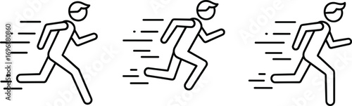 Black Line Art of Three Running Figures with Motion Lines Showing Speed, Acceleration, Fitness, Sports, Training, and Healthy Lifestyle Concepts