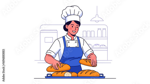 Artisan Baker with Fresh Breads: An artisan baker meticulously arranging freshly baked bread, showcasing the art of culinary craftsmanship with attention to detail.