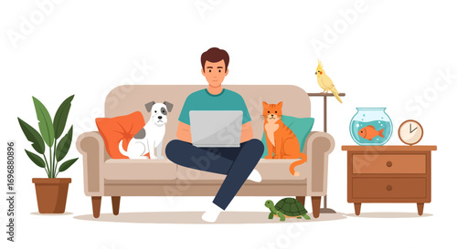 Man on couch with laptop dog cat bird turtle goldfish plant and clock.