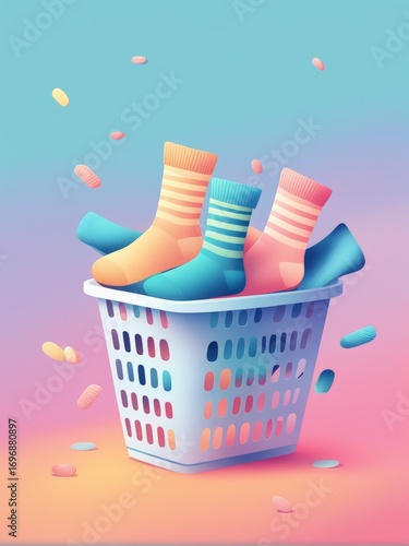 A basket of colorful socks in a pasteltoned setting