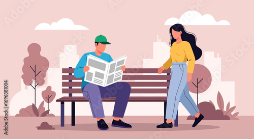 Man reading newspaper on park bench as woman walks by in stylized illustration.