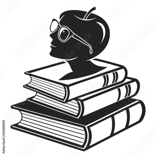 Apple Head Silhouette Books Glasses Education Teacher Knowledge Symbol vector illustration