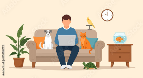 Man with Laptop Dog Cat Bird Turtle and Goldfish in a Cozy Home Setting.