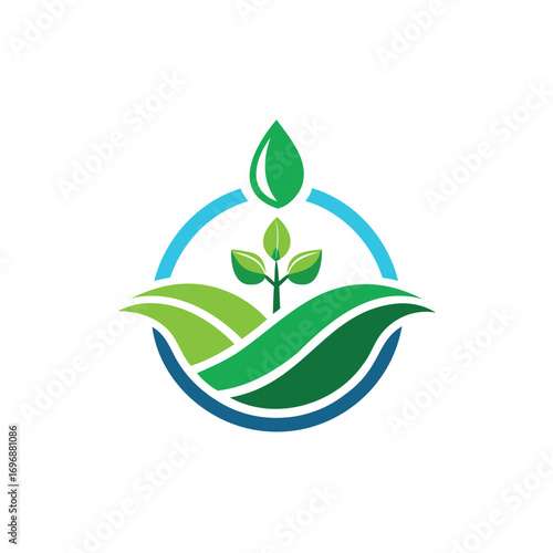Green growth and water drop emblem for agriculture and nature