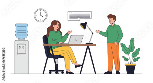 Office Scene with Woman at Laptop Man Standing Water Cooler and Plant.