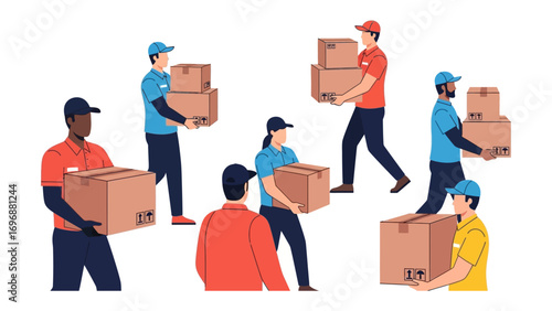 Boxes on the Move: A team of delivery personnel, each carrying stacks of cardboard boxes, working diligently in a fast-paced, efficient environment. A vivid visual of the logistics of distribution.