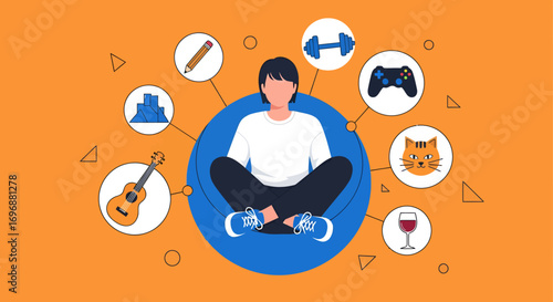 Person meditating surrounded by hobbies and interests icons in a conceptual illustration.