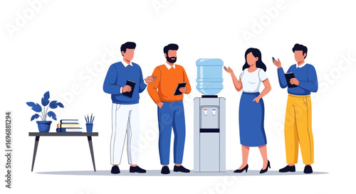 Office Water Cooler Chat Four Colleagues in Casual Discussion with Tablets.