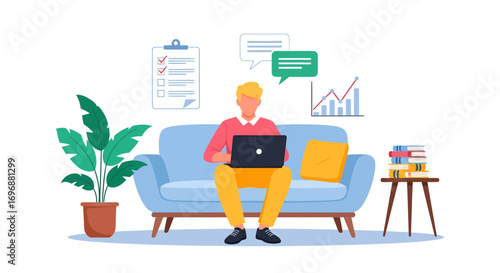 Person on Sofa with Laptop Checklist Chart Books and Plant.