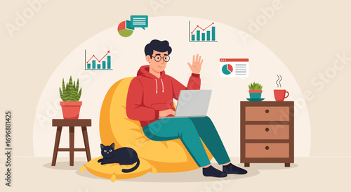 Relaxed man working on laptop with cat plants and data visualizations.