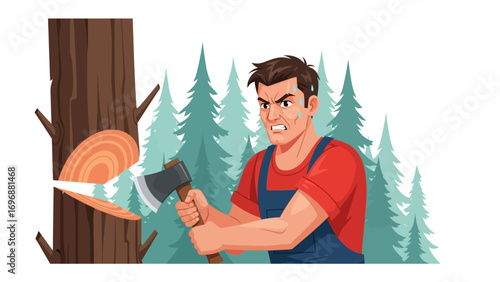 Lumberjack's Labor: A determined lumberjack relentlessly swings an axe, embodying strength and dedication as he carves through the sturdy trunk. 