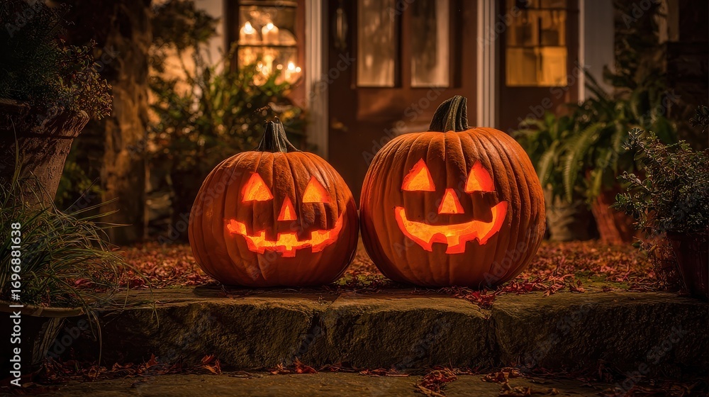 Obraz premium festive halloween pumpkins with carved faces glowing in warm orange light perfect for autumn decorations seasonal celebrations and spooky holiday ambiance
