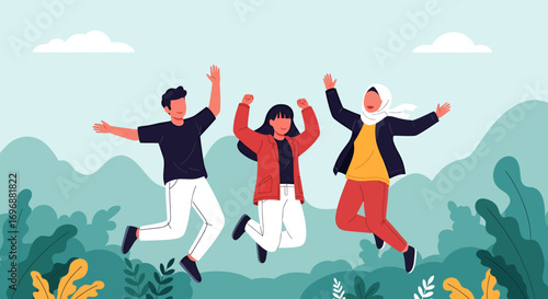 Three Diverse Individuals Joyfully Jumping in Unison with Arms Raised in Celebration.
