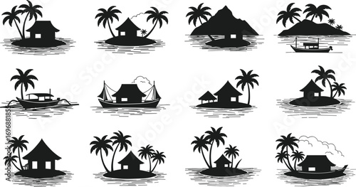 Silhouettes of tropical island huts with palm trees, boats on water, peaceful beach scenes, island living, summer vacation, nature escape, travel icons