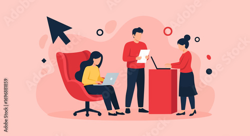 Three Individuals Collaborating with Laptops and Documents in a Modern Office Setting.