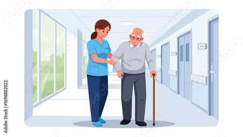 Compassionate Care: A dedicated caregiver assists an elderly man with his mobility along a bright corridor, embodying the essence of support, companionship, and empathetic assistance.
