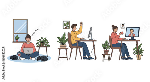 Three scenes of people working from home with plants and pets.