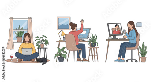Three scenes of women working from home with laptops computers plants and pets.
