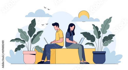 Two Faceless People Working on Laptops Outdoors with Plants and Birds.
