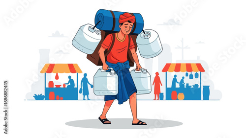 Overburdened: A labor man walks proudly carries supplies, walking amidst bustling marketplaces, representing daily life and human toil, depicted in a vibrant illustration.