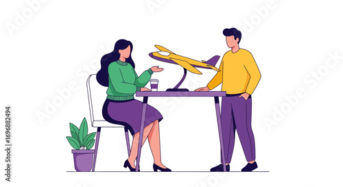 Two People Discussing a Yellow Airplane Model on a Purple Table.