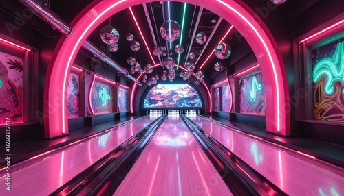 Futuristic bowling alley with vibrant neon lights, striking mural art. Modern entertainment space features glowing tunnel, disco balls, colorful abstract designs. Perfect for social gatherings, night
