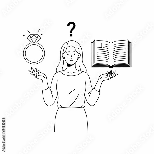 Thinking woman icon choosing between a ring and a book. Concept of decisions, relationships, hobbies, and lifestyle. Suitable for emotional and lifestylethemed designs.