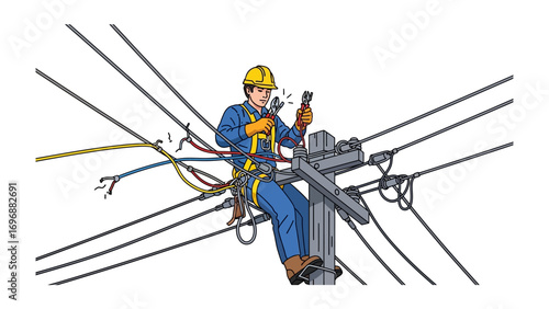 Electrician in action: An electrician, safely secured, meticulously repairs high-voltage power lines, embodying skill and dedication. Highlighting electrical safety, expertise.