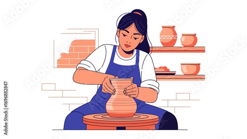 Pottery Creation: Capturing the artistic process of a craftswoman as she sculpts a vase on a pottery wheel in a serene studio, embodying the essence of craftsmanship and artistic pursuit.