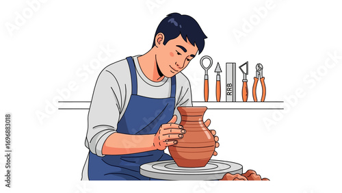 Crafting Clay: An illustration captures a focused artisan meticulously shaping a clay vessel on a potter's wheel, immersed in the age-old craft. 