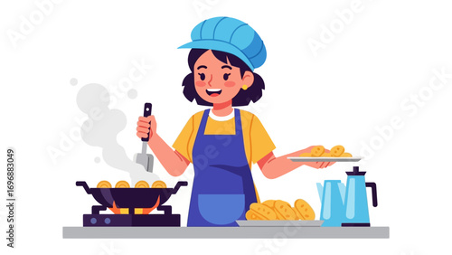 Chef's Culinary Delight: A vibrant depiction of a cheerful chef skillfully preparing a delicious meal, capturing the art and essence of culinary excellence.