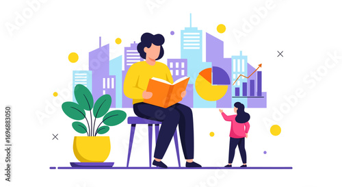 Woman reading orange book on stool with plant charts and city backdrop.