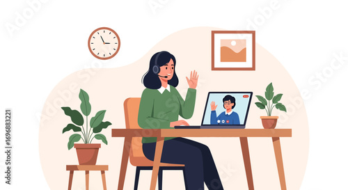 Woman with Headset Waving During a Video Call on Laptop.