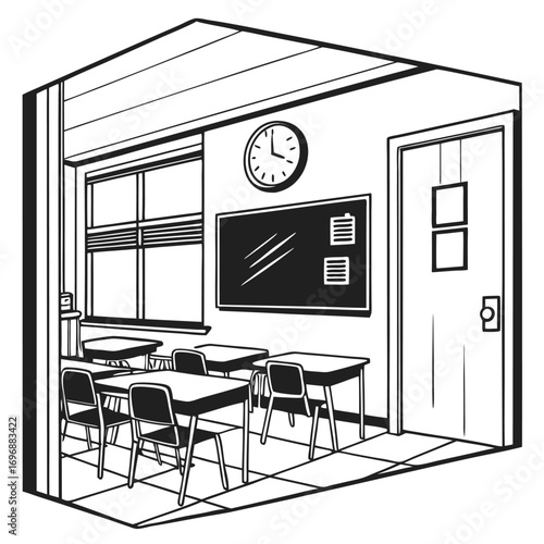 Classroom interior with desks, chairs, blackboard, and a clock school education