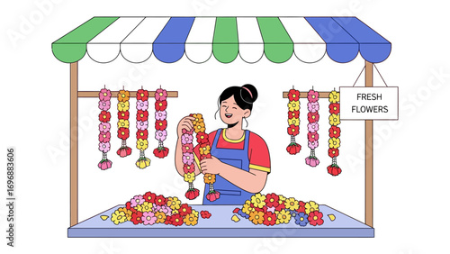 Fresh Flower Stall: An illustration of a female vendor in an outdoor stall meticulously arranges colorful flower garlands, surrounded by heaps of vibrant blooms.