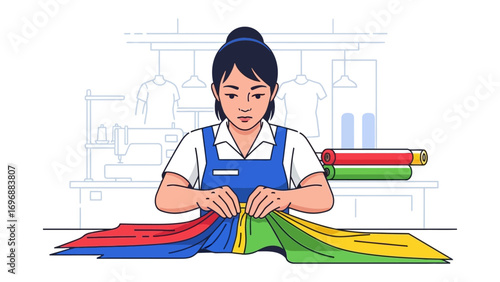 Fabric Inspection: A diligent artisan meticulously inspects vibrant swatches of fabric in a well-organized tailoring studio. Meticulously, inspecting each individual fabric color to ensure quality.