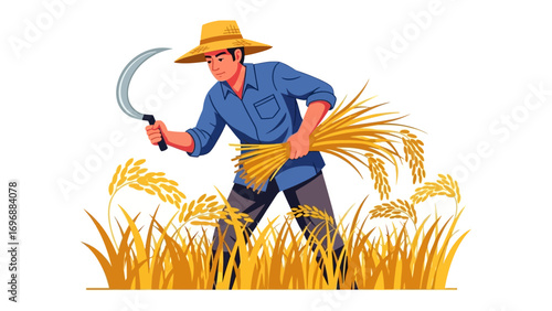 Harvest Time: An illustration depicting a hardworking farmer diligently reaping a bountiful wheat harvest, symbolizing the essence of agriculture and rural life.