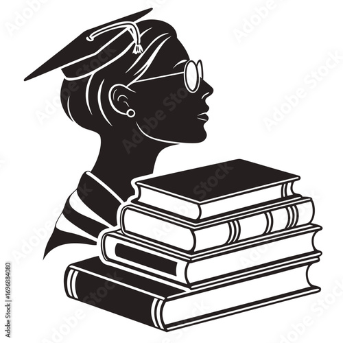 Graduate silhouette with glasses and books on a white background stack pile