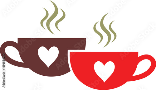 Two steaming coffee cups with heart cutouts in red and brown on a white background