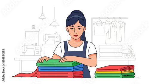 Laundry folding in a laundry shop: A focused worker precisely folding laundry in a well-organized laundry shop, showcasing a clean and neat environment for professional textile care and attention.