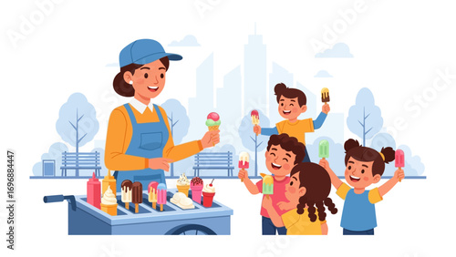 Sweet Delights: A charming illustration captures the heartwarming scene of a vendor serving delightful ice cream to a group of cheerful children in a vibrant outdoor setting.