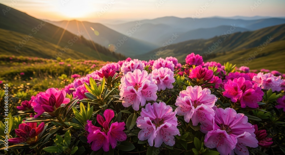Obraz premium Sunrise over mountain range and pink rhododendron flowers