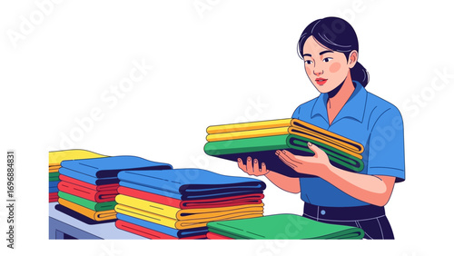 Neatness Personified: A dedicated professional meticulously arranges a vibrant stack of folded textiles, her focused gaze reflecting commitment and an eye for detail, revealing the heart of industry.